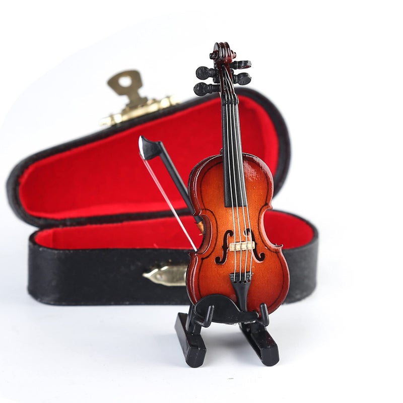 Dselvgvu Wooden Miniature Violin with Stand, Bow and Case Mini Musical Instrument Violin Replica Collectible Figurines Dollhouse Accessories Model Home Decoration Display Ornament (3.15"x1.18"x0.59") - Image 5